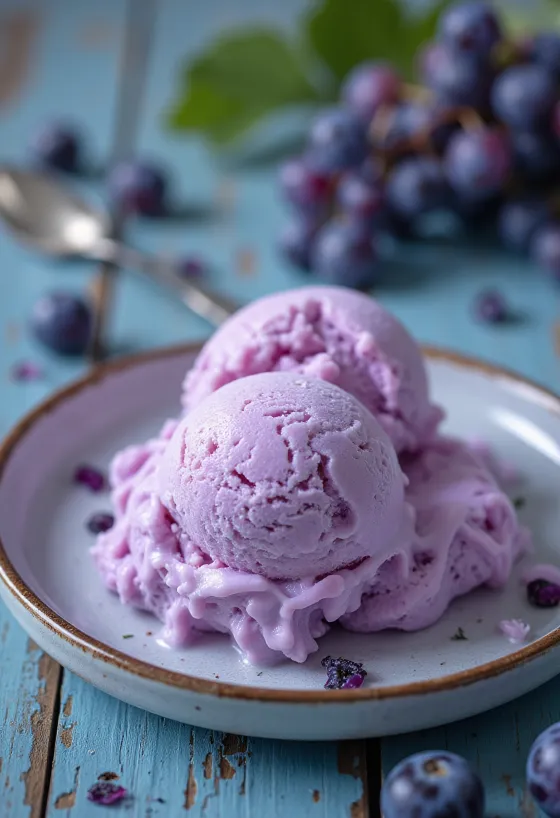 フレッシュなぶどうを添えたぶどうのアイスクリーム