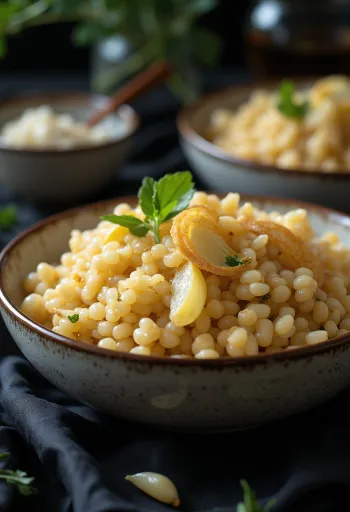 ガーリック・カシャ、シンプルな器に盛られ、そばの実がよく見える