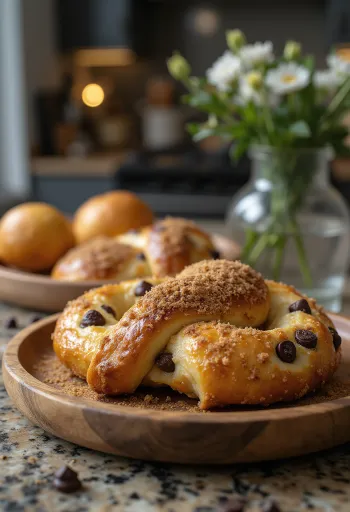 盛り付けられた生クリームとチョコレートのプレッツェル