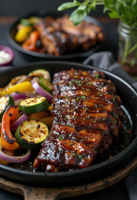 盛り付けられたBBQリブと焼き野菜