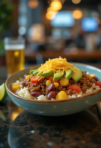 牛肉、米、豆、コーン、チーズのブリトーボウル