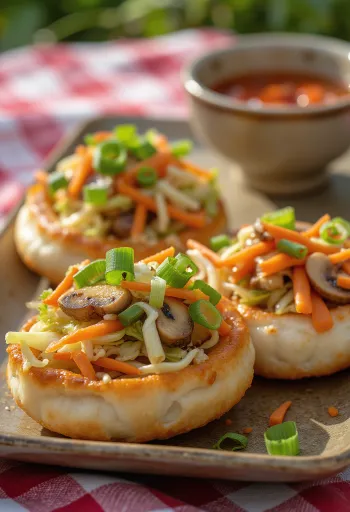 野菜フィリングが入った底がカリカリの焼き中華まん、盛り付け