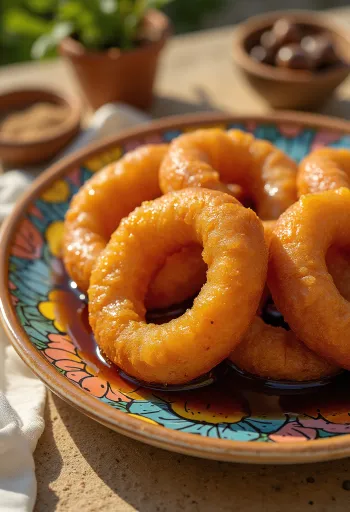 モラセスを添えたペルーのサツマイモドーナツ、ピカロネス