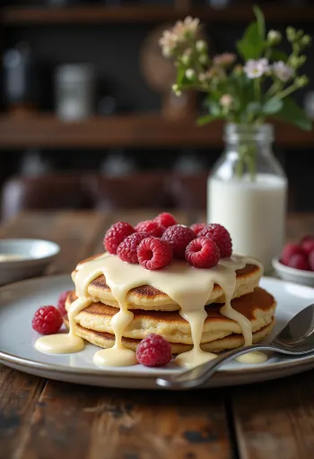 ベリーを添えたホワイトチョコソースのパンケーキ