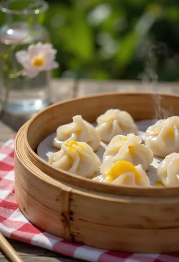 もち米生地に包まれた中華風甘い緑豆団子、竹蒸篭で提供