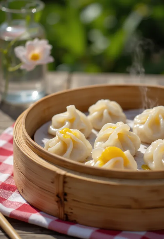 もち米生地に包まれた中華風甘い緑豆団子、竹蒸篭で提供