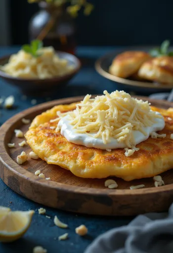 サワークリームとチーズを添えたランゴス風パンケーキ