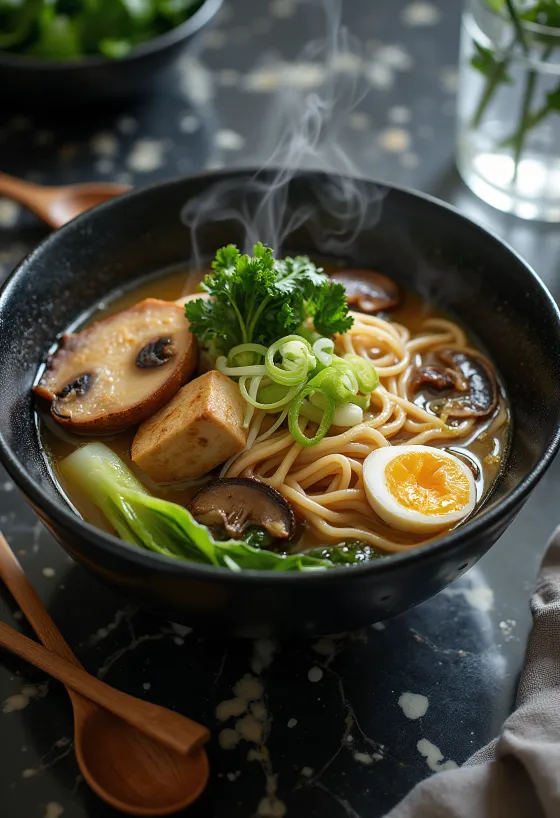 豆腐、椎茸、新鮮な野菜を添えたヴィーガンラーメン