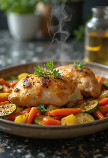 野菜の上に盛り付けられた鶏肉