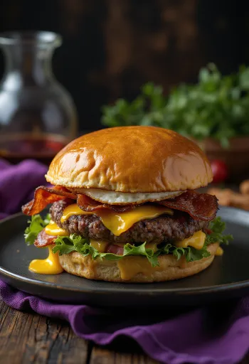 たくさんのチーズ、パテ、特大サイズの具材を使ったジャイアントバーガー