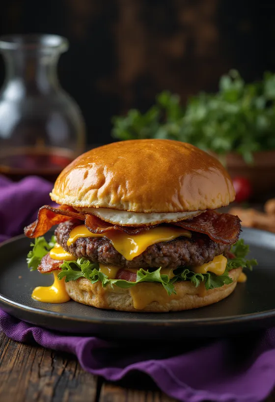 たくさんのチーズ、パテ、特大サイズの具材を使ったジャイアントバーガー