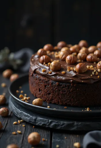 クリーミーなチョコレートでコーティングされたチョコレートヘーゼルナッツケーキ
