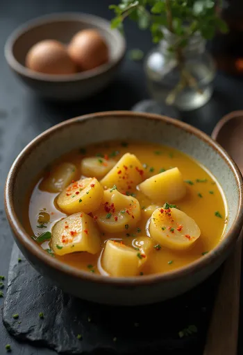 パスタ、ジャガイモ、燻製ベーコンたっぷりのレッベンチスープ