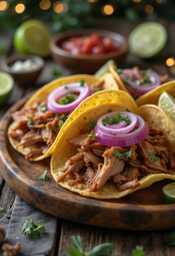 ライムとコリアンダーを添えたカルニタス・タコス