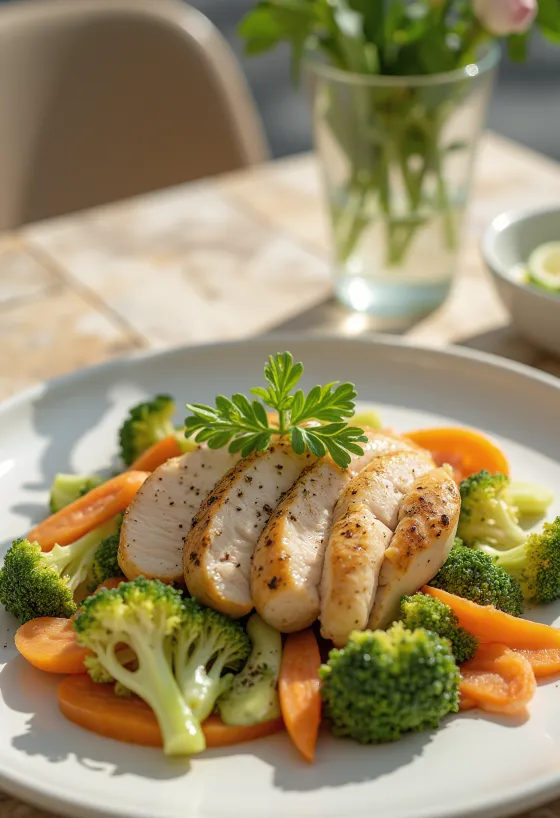 蒸し野菜の上に盛り付けられた鶏むね肉