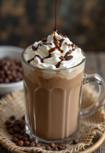 グラスに入ったホイップクリームと削りチョコをトッピングしたチョコレートフラペチーノ