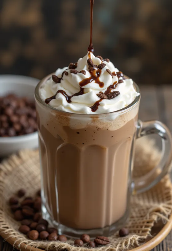 グラスに入ったホイップクリームと削りチョコをトッピングしたチョコレートフラペチーノ