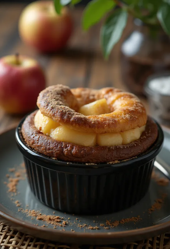 ココット皿に盛り付けられたシナモンとリンゴのチョコレートスフレ
