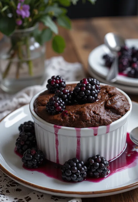 新鮮なカシスを添えたチョコレートスフレ