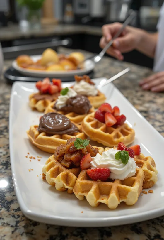 甘い系としょっぱい系のトッピングを乗せたミニワッフルの盛り合わせ：ヌテラ、いちご、チーズ、ベーコン、ホイップクリーム
