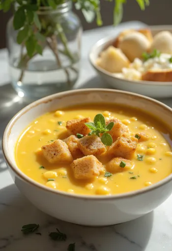 燻製ソーセージと新鮮なパセリを添えた黄エンドウ豆のスープ