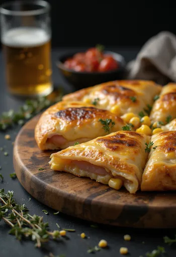 黄金色に焼けたハムとコーンのカルツォーネ