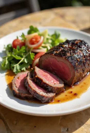 盛り付けられた燻製BBQ牛ヒレ肉