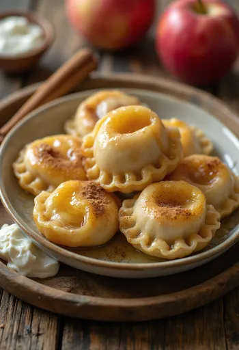 粉砂糖とサワークリームを添えたポーランド風リンゴとシナモンのピエロギ