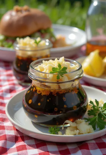 盛り付けられたディルとニンニクのバルサミコソース