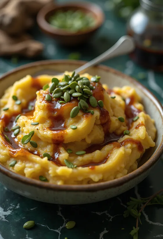 BBQパンプキンシード入りマッシュポテトの盛り付け