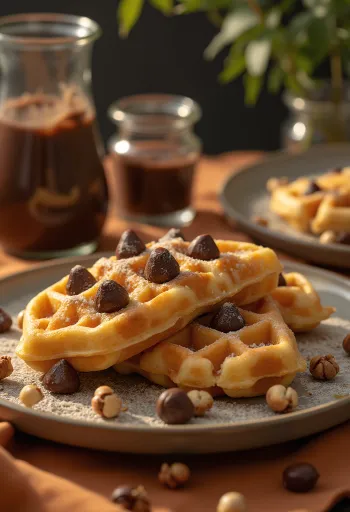 溶かしたチョコレートとローストヘーゼルナッツを添えたヘーゼルナッツとチョコレートのワッフル