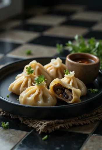 蒸して盛り付けられたきのこ入りのモモ