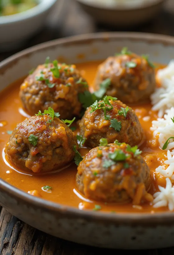 新鮮なコリアンダーを添えたラムコフタカレー