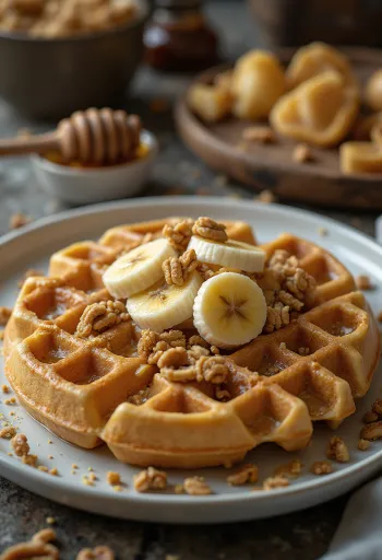 フレッシュフルーツとチョコレートソースを添えたピーナッツバターワッフル