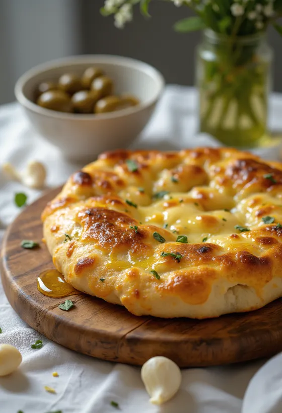 スモークチーズとニンニクのフォカッチャの盛り付け