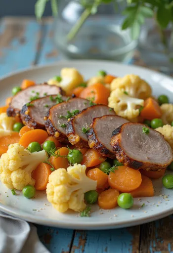 蒸し野菜を添えた燻製豚肩ロース