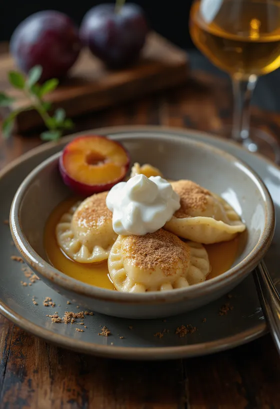 粉砂糖とサワークリームを添えたポーランド風プラムのピエロギ