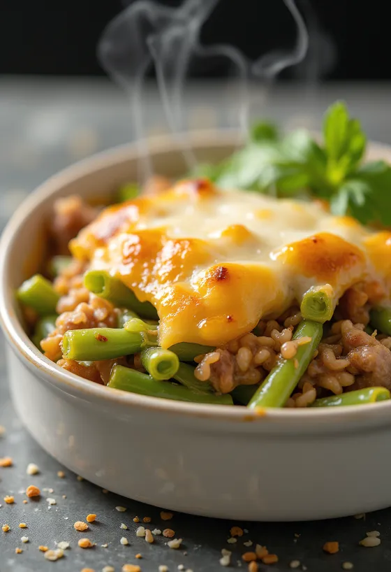 新鮮なサワークリームとこんがり焼けたチーズをのせたインゲンの重ね焼き。