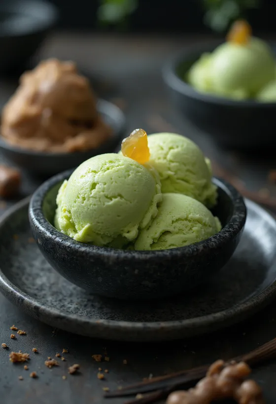盛り付けられたわさびアイスクリーム