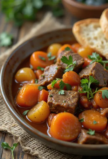 盛り付けられたスペイン風ビーフシチュー、エストファド・デ・カルネ