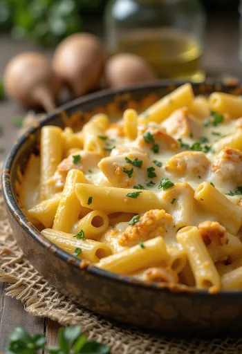 白い皿に盛られた、きつね色のチーズの層を持つチキンとパスタのキャセロール。