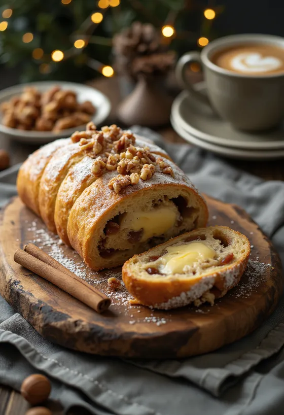 盛り付けられたシナモンとクルミのシュトーレンのスライス