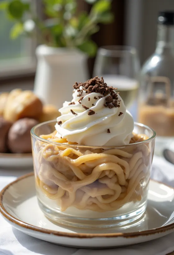 ホイップクリームと削ったチョコレートをトッピングしたゲステニェピュレー