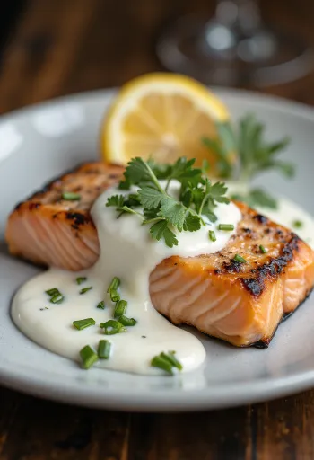 ディルとサワークリームのソースを添えたサーモンのグリル