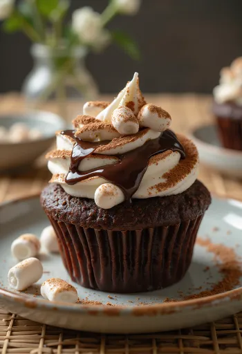 焼きたてのマシュマロとチョコレートクリームのカップケーキ