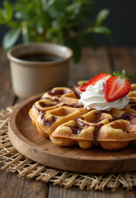 ホイップクリーム、チョコレート、イチゴを添えた、ココア、イチゴ、プレーンの層状の3色ワッフル
