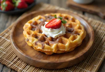 ホイップクリーム、チョコレート、イチゴを添えた、ココア、イチゴ、プレーンの層状の3色ワッフル