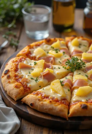 ダブルパイナップルのハワイアンピザの盛り付け