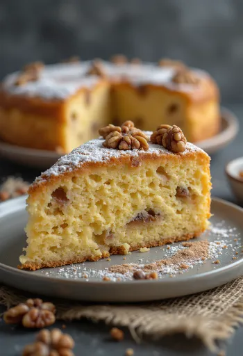 カットされたシナモンとくるみのケーキ