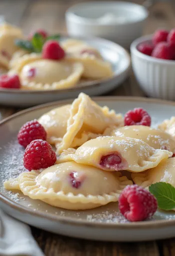 盛り付けられたホワイトチョコとラズベリーのラビオリ